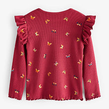 Load image into Gallery viewer, Burgundy Red Butterfly Long Sleeve Frill Rib Jersey Top (3mths-6yrs)
