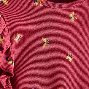 Burgundy Red Butterfly Long Sleeve Frill Rib Jersey Top (3mths-6yrs)