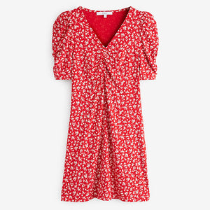 Red Ditsy Print Short Sleeve Tea Dress