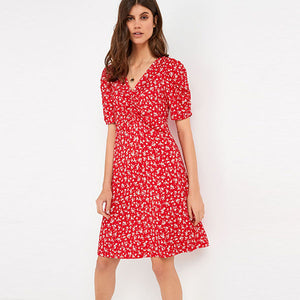 Red Ditsy Print Short Sleeve Tea Dress