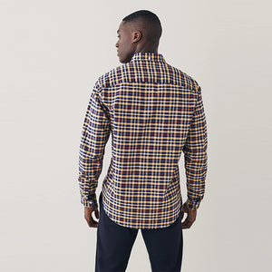 Tan Brown/Burgundy Red Stretch Oxford Check Long Sleeve Shirt