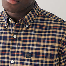 Load image into Gallery viewer, Tan Brown/Burgundy Red Stretch Oxford Check Long Sleeve Shirt
