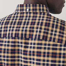 Load image into Gallery viewer, Tan Brown/Burgundy Red Stretch Oxford Check Long Sleeve Shirt
