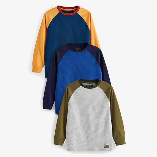 Blue/Green 3 Pack Long Sleeve Cosy Waffle Raglan T-Shirt (3-12yrs)