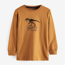 Load image into Gallery viewer, Tan Brown / Navy Blue Dinosaur 3 Pack Long Sleeve Graphic T-Shirts (3-10yrs)
