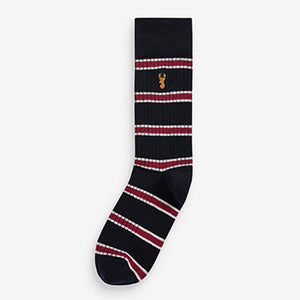 5 Pack Navy Blue/Red Ribbed Stripe Socks