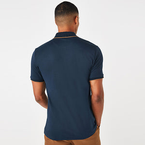 Navy Blue Dogtooth Panel Print Polo Shirt