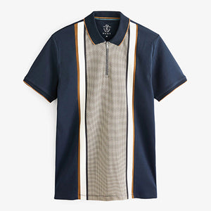 Navy Blue Dogtooth Panel Print Polo Shirt