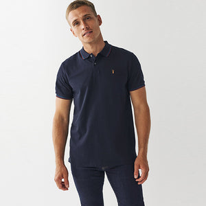 Navy Blue Tipped Regular Fit Pique Polo Shirt