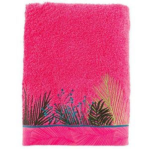 Drap de bain bouclette de coton brodé fresque jungle tropicale Jalapao fuchsia - Allsport