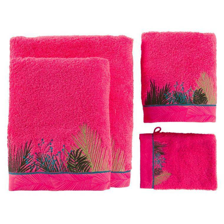 Drap de bain bouclette de coton brodé fresque jungle tropicale Jalapao fuchsia - Allsport